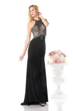 Formal Gowns Cinderella Divine - Sleeveless Beaded Halter Neck Sheath Dress