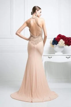 Formal Gowns Cinderella Divine - Sleeveless Beaded Halter Neck Sheath Dress