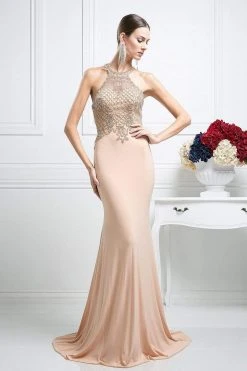 Formal Gowns Cinderella Divine - Sleeveless Beaded Halter Neck Sheath Dress