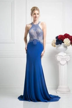 Formal Gowns Cinderella Divine - Sleeveless Beaded Halter Neck Sheath Dress