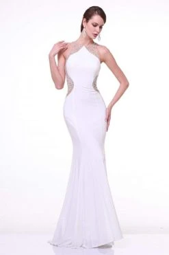 Formal Gowns Cinderella Divine - Sleeveless Bedazzled Illusion Halter Sheath Dress