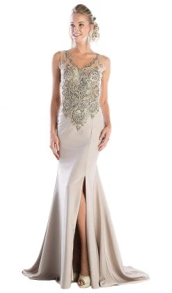 Formal Gowns Cinderella Divine - Sleeveless Gilded V-neck Trumpet Dress