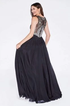 Formal Gowns Cinderella Divine - Sleeveless Illusion Metallic Appliqued A-Line Gown