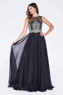 Formal Gowns Cinderella Divine - Sleeveless Illusion Metallic Appliqued A-Line Gown