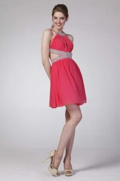 Cocktail Dresses Cinderella Divine - Sleeveless Jeweled Halter Neck Cocktail Dress