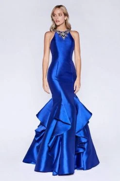 Formal Gowns Cinderella Divine - Sleeveless Jeweled Halter Ruffled Mermaid Dress