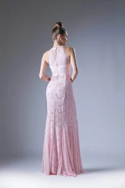 Cinderella Divine - Sleeveless Lace Illusion Halter Sheath Dress