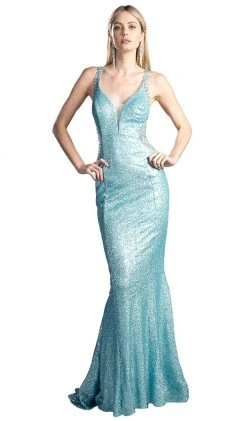 Cinderella Divine - Sleeveless Shimmer Plunging V-neck Sheath Dress Formal Gowns