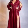 Cinderella Divine - Split Long Sleeve Sleek A-Line Gown 7475C - 1 Pc Mauve In Size 24 Available