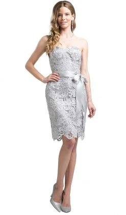 Cinderella Divine - Strapless Satin Sashed Lace Sheath Dress