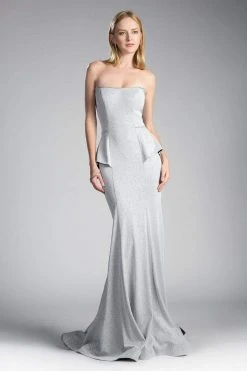Cinderella Divine - Strapless Straight Neck Metallic Knit Dress Formal Gowns