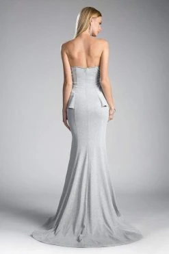 Cinderella Divine - Strapless Straight Neck Metallic Knit Dress Formal Gowns