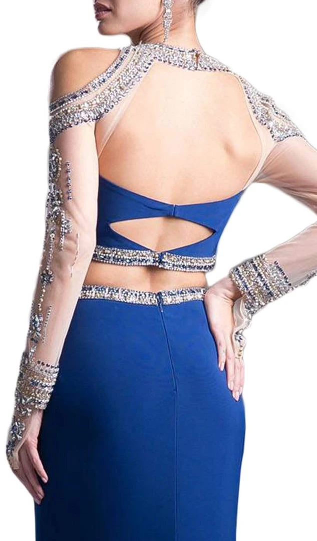 Cinderella Divine - Two Piece Rhinestone Embellished Long Sleeves Gown Formal Gowns 6 Cinderella Divine - Two Piece Rhinestone Embellished Long Sleeves Gown Formal Gowns