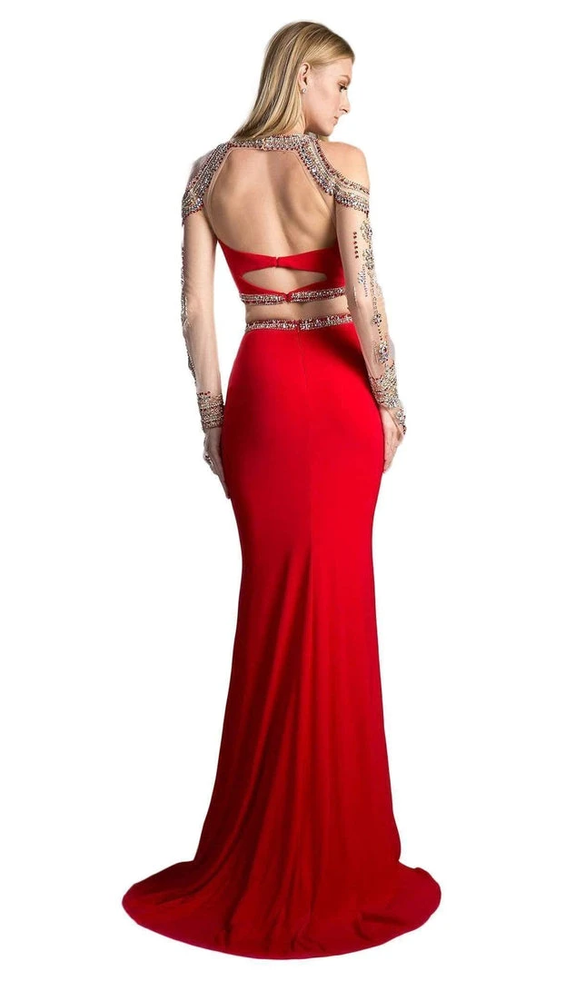 Cinderella Divine - Two Piece Rhinestone Embellished Long Sleeves Gown Formal Gowns 8 Cinderella Divine - Two Piece Rhinestone Embellished Long Sleeves Gown Formal Gowns