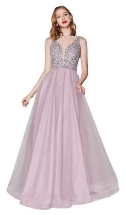 Cinderella Divine - U103 Beaded Plunging V-Neck A-Line Gown Formal Gowns