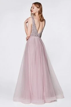 Cinderella Divine - U103 Beaded Plunging V-Neck A-Line Gown Formal Gowns