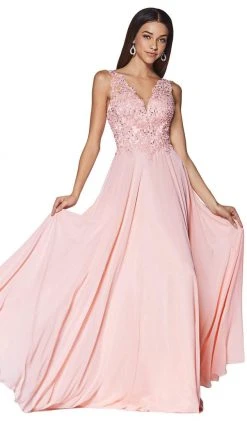 Cinderella Divine - UJ0123 Long Beaded Lace Chiffon A-Line Dress Formal Gowns