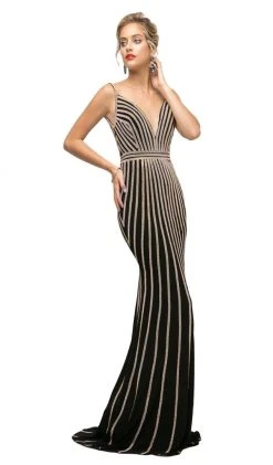 Cinderella Divine - UK017 Gold Beaded Stripe Sheath Gown Formal Gowns