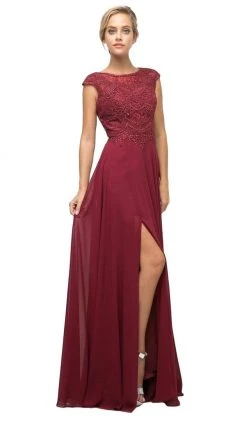 Cinderella Divine - UL035 Beaded Lace Bodice Scallop Cap Sleeve Chiffon Gown - 1 Pc Burgundy In Size M Available Formal Gowns