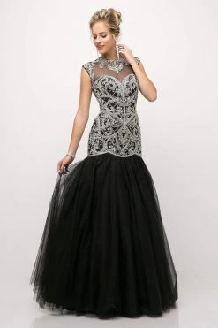 Cinderella Divine - UM072 Beaded High Neck Cap Sleeve Trumpet Dress Formal Gowns