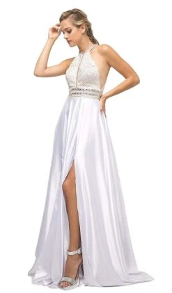 Formal Gowns Cinderella Divine - UM076 Beaded Halter A-line Dress With Train