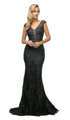 Cinderella Divine - UR138 Beaded Lace V-neck Trumpet Dress