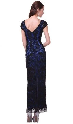 Cinderella Divine - 1937 V-neck Lace Overlay Sheath Evening Gown