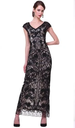 Cinderella Divine - 1937 V-neck Lace Overlay Sheath Evening Gown