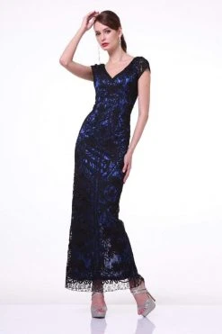 Cinderella Divine - 1937 V-neck Lace Overlay Sheath Evening Gown
