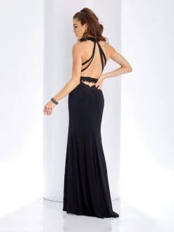 Clarisse - 3446 Halter Neck Lace Trim Jersey Fitted Gown Formal Gowns