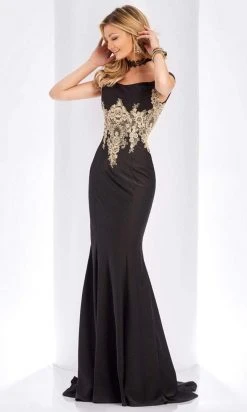 Clarisse - 3452 Gold Lace Applique Evening Gown Formal Gowns