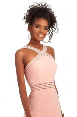 Clarisse - 3483 Sheer Striped Halter Strap Gown Formal Gowns