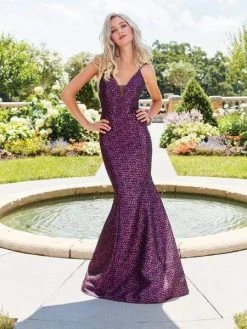 Formal Gowns Clarisse - 3520 Strappy V-Neck Brocade Mermaid Gown