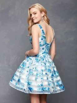 Clarisse - 3608 Floral Printed Deep V-neck Pleated A-line Dress