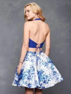 Clarisse - 3637 Two Piece Plunging Halter Floral Cocktail Dress Cocktail Dresses