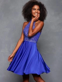 Clarisse - 3645 Beaded High Halter Satin A-line Dress