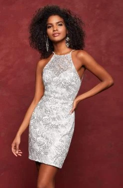 Clarisse - 3675 Metallic Lace Halter Sheath Cocktail Dress 7 Clarisse - 3675 Metallic Lace Halter Sheath Cocktail Dress