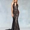 Clarisse - 3721 Sequined Plunging Halter Backless Gown