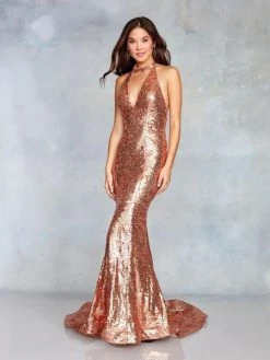 Clarisse - 3721 Sequined Plunging Halter Backless Gown