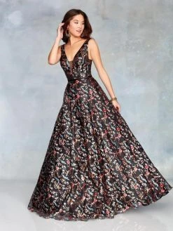 Clarisse - 3804 Plunging V-Neck Floral Evening Dress Formal Gowns
