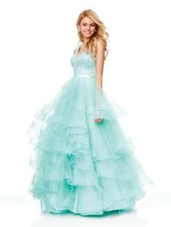 Clarisse - 3812 Embellished Deep V-neck Tiered A-line Dress