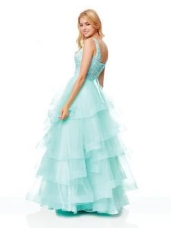 Clarisse - 3812 Embellished Deep V-neck Tiered A-line Dress