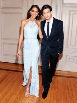 Clarisse - 3828 Embellished Lace Halter Trumpet Dress