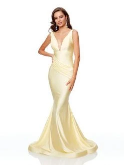 Clarisse - 3844 Lace Deep V-neck Jersey Mermaid Dress