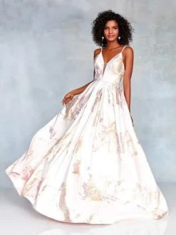 Clarisse - 3867 Deep V-neck Brocade Long A-line Dress Formal Gowns