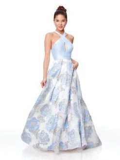 Clarisse - 3873 Cross Halter Brocade Organza A-line Dress