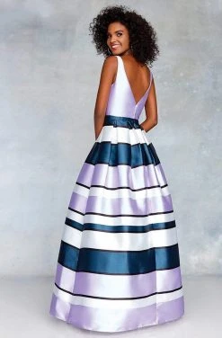 Clarisse - 3878 Plunging V-Neck Striped Ballgown