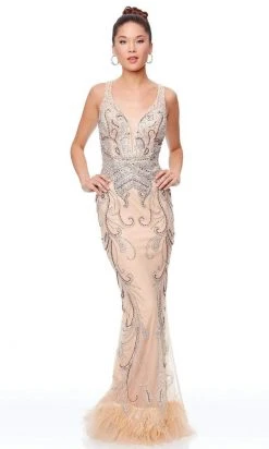 Clarisse - 5034 Beaded Deep V-neck Feathered Trumpet Dress