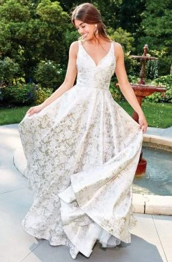 Clarisse - 5050 Sleeveless V-neck Brocade A-line Dress