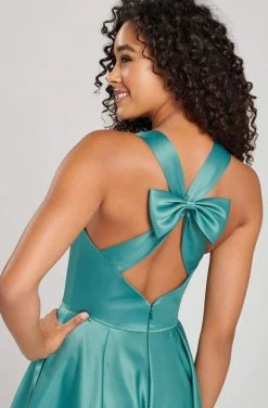 Colette For Mon Cheri - CL12026 Bow Accent Cutout Back Matte Satin Gown Formal Gowns